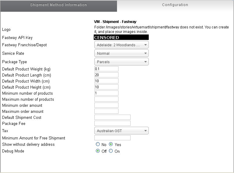 Fastway Config Screen